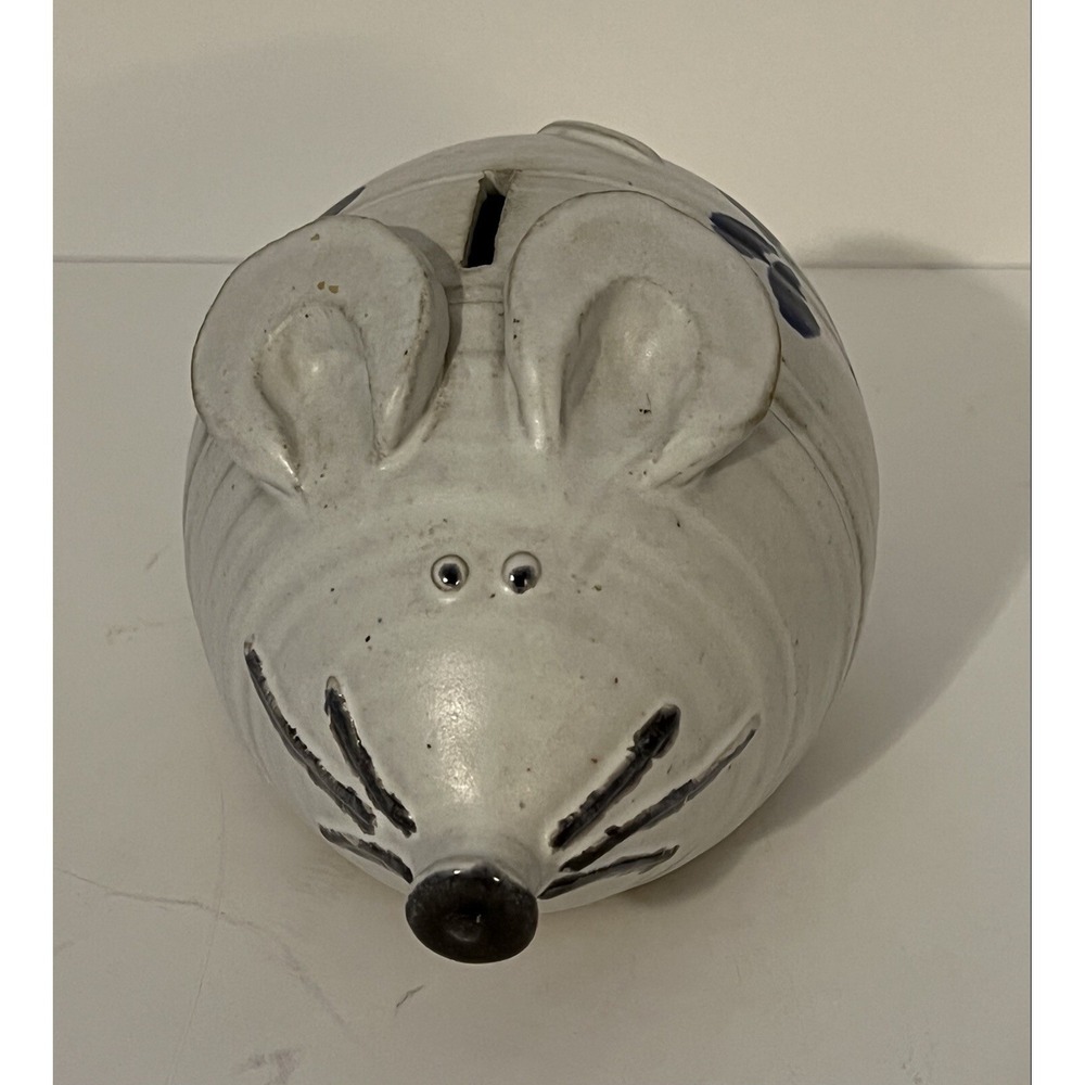 Studio Art Pottery Stoneware Mouse  bank W/ Blue Flower 7" x 5" With Bottom
